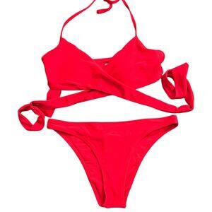 2 Piece Aerie Wrap Halter Bikini S/M Chilly Red Cheeky Swim Beach Vacation Scoop